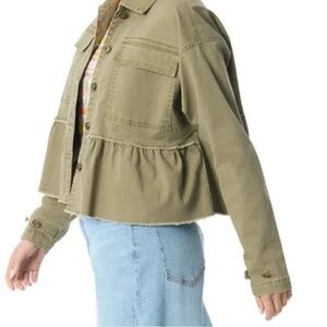 Jessica Simpson Cotton Swing Jacket Green L Peplum Hem Military Utility Casual